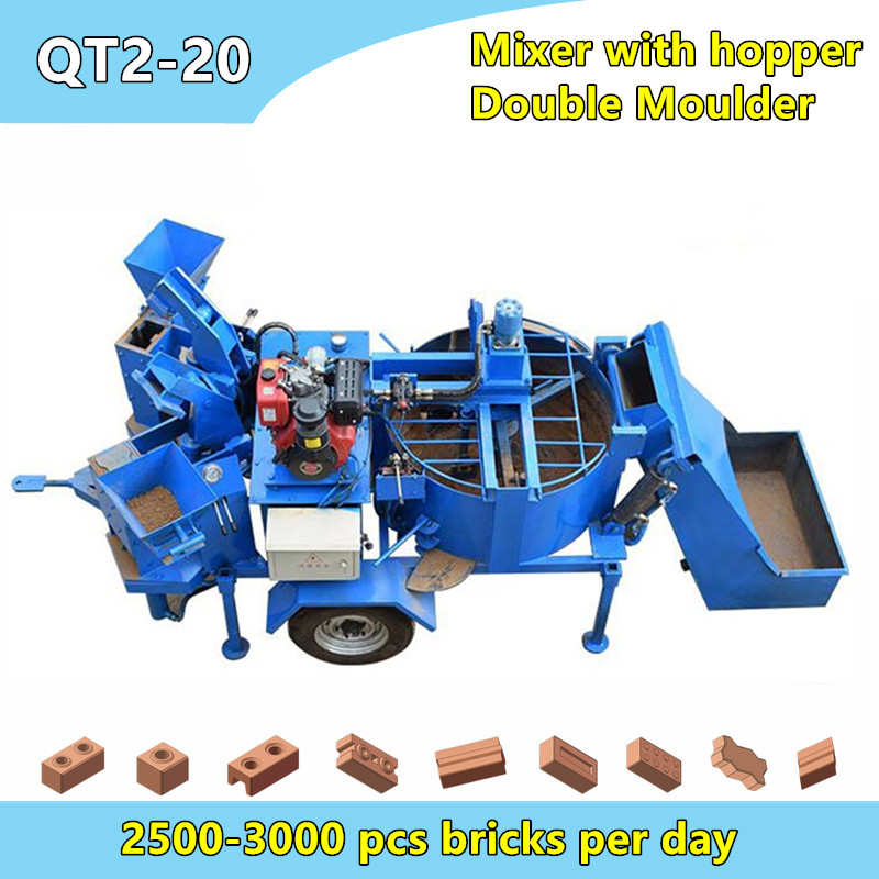 QT2-20 M7MI twin diesel hydraulic clay interlock block machine trailer with mixer hoist